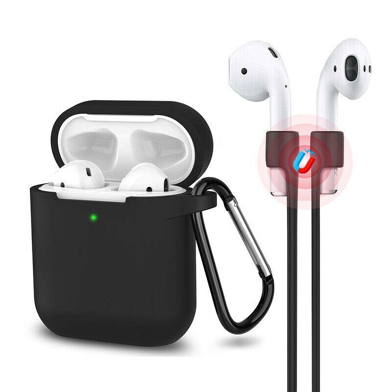 3-in-1 AirPods Silicone Case Cover Magnetic Strap Keychain for Apple AirPod 1/2 e*carat Black 