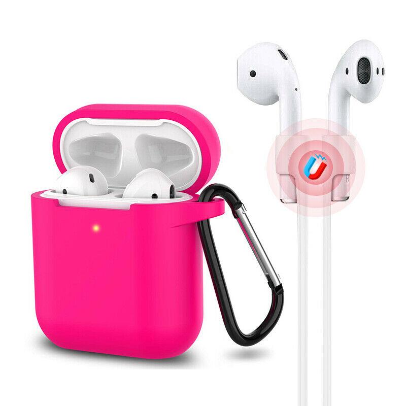 3-in-1 AirPods Silicone Case Cover Magnetic Strap Keychain for Apple AirPod 1/2 e*carat Hot Pink 