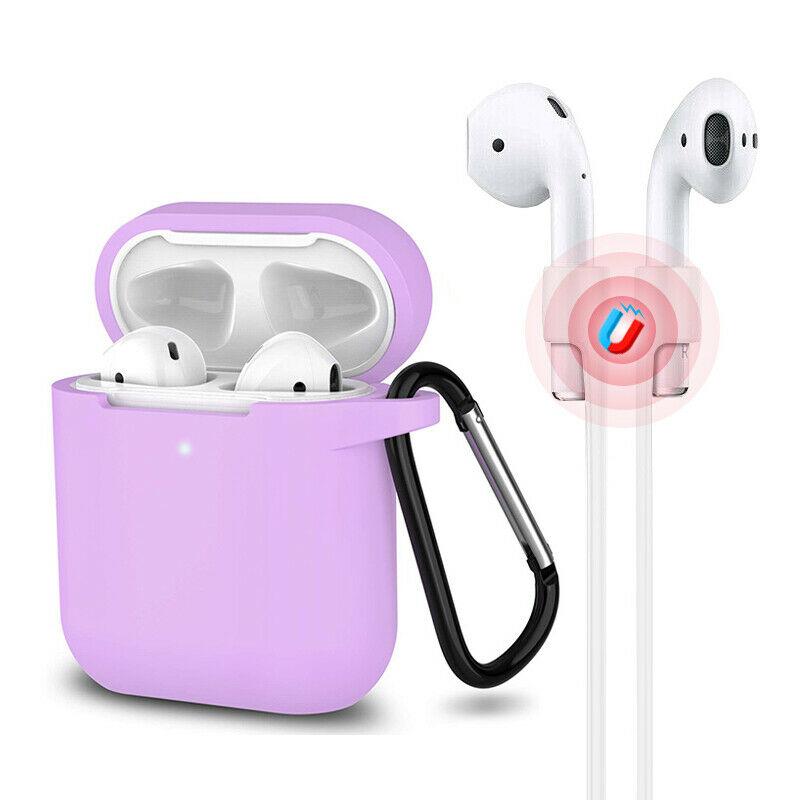 3-in-1 AirPods Silicone Case Cover Magnetic Strap Keychain for Apple AirPod 1/2 e*carat Light Purple 