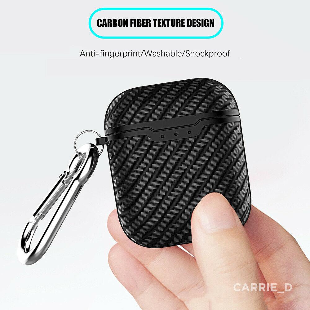 Carbon Fiber Texture Case Cover + Keychain Protective Skin for Airpods 1 2nd Gen carrie_d 