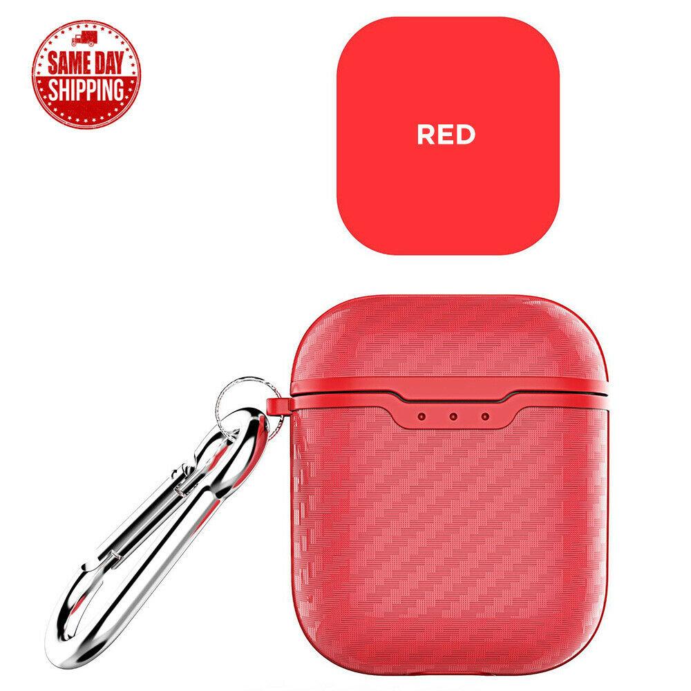 Carbon Fiber Texture Case Cover + Keychain Protective Skin for Airpods 1 2nd Gen carrie_d Red 
