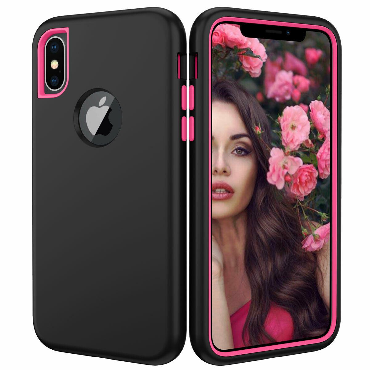 Case For iPhone X Xr XS Max 6 7 8 Plus Shockproof 360 Full Body Cover Protective detsarah Black + Rose For iPhone Xs Max 