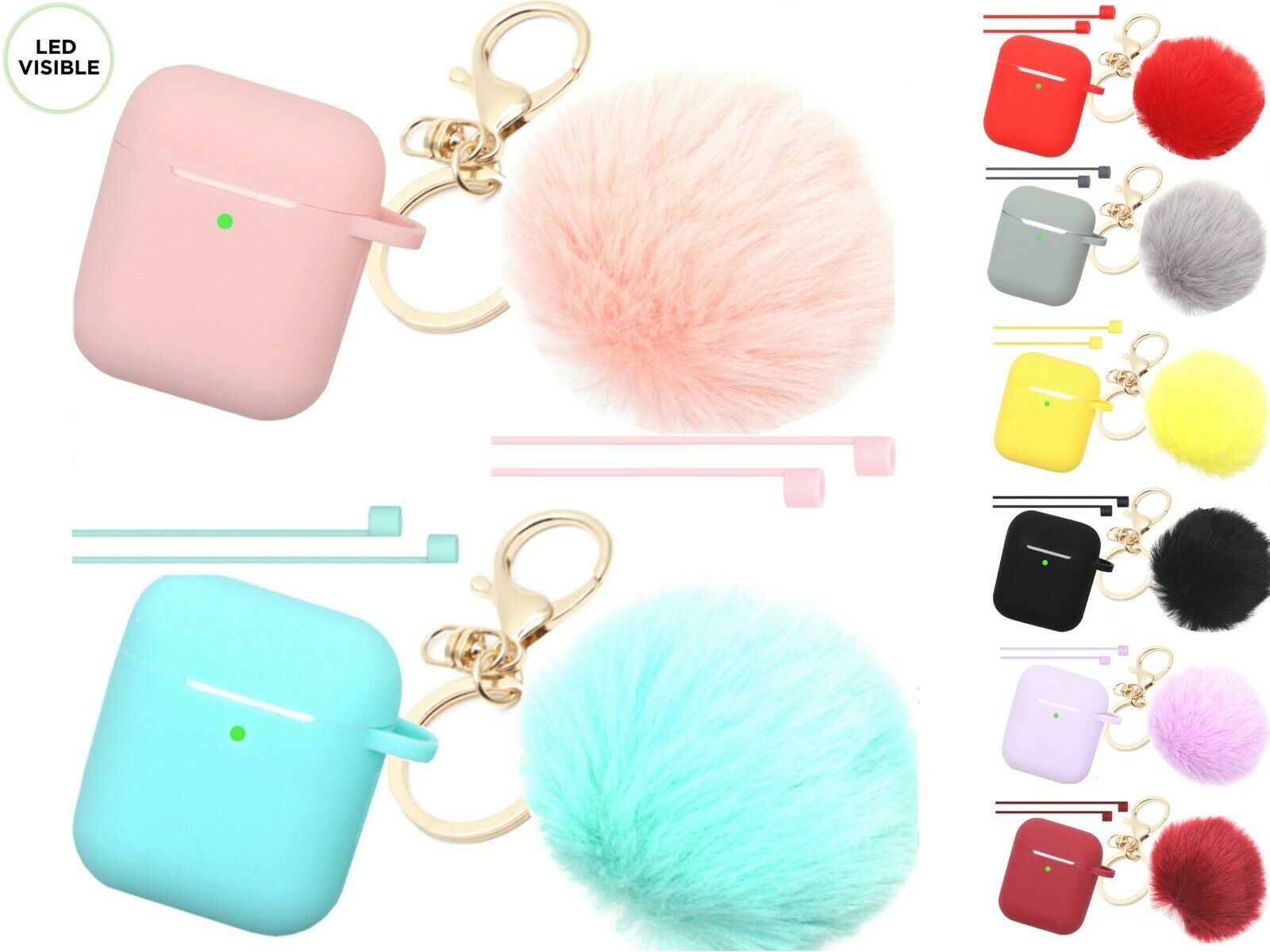 Cute Airpods Silicone Case Cover w/Fur Ball Keychain Strap for Apple Airpods 1/2 ervin.accessories 