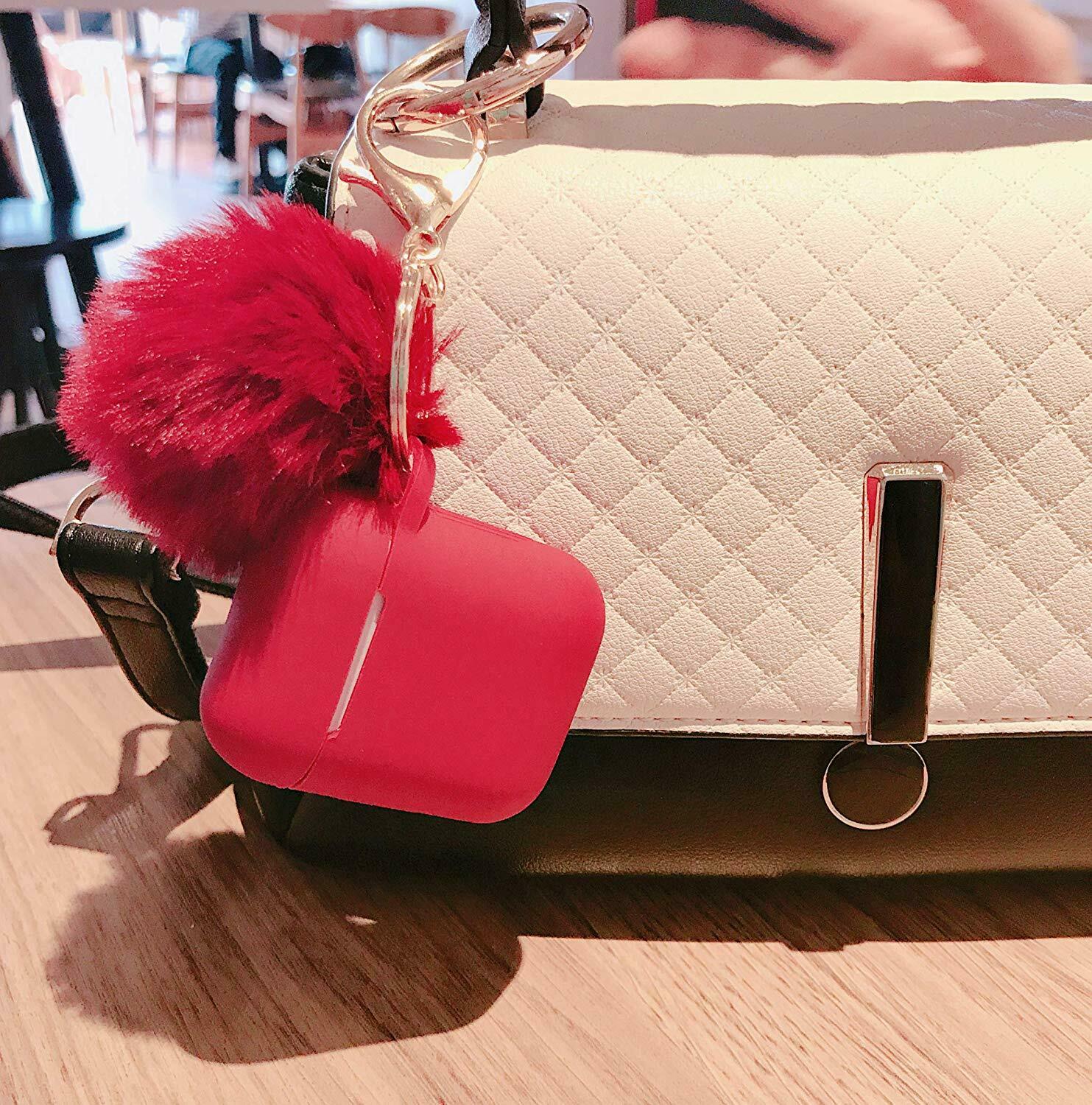 Cute Airpods Silicone Case Cover w/Fur Ball Keychain Strap for Apple Airpods 1/2 ervin.accessories 