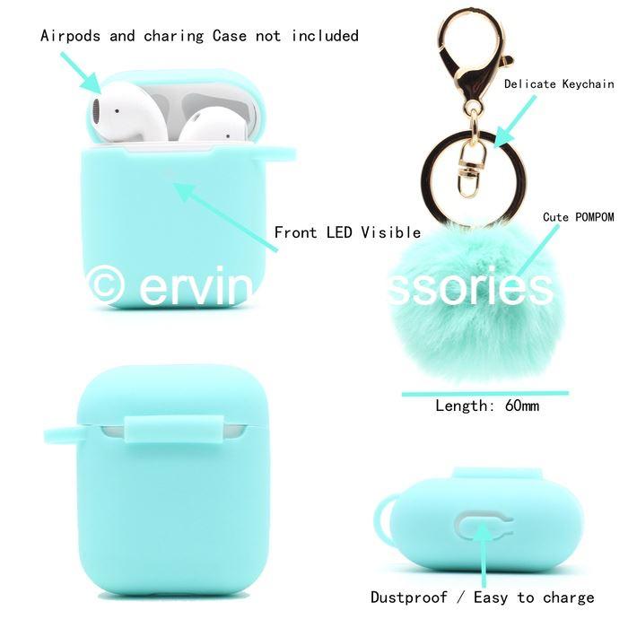 Cute Airpods Silicone Case Cover w/Fur Ball Keychain Strap for Apple Airpods 1/2 ervin.accessories 
