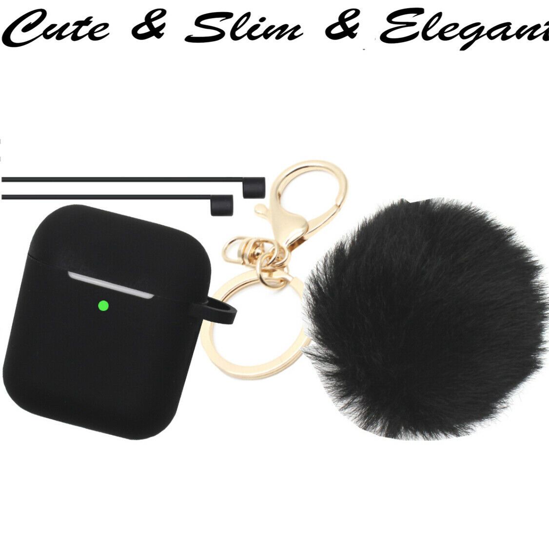 Cute Airpods Silicone Case Cover w/Fur Ball Keychain Strap for Apple Airpods 1/2 ervin.accessories Black 
