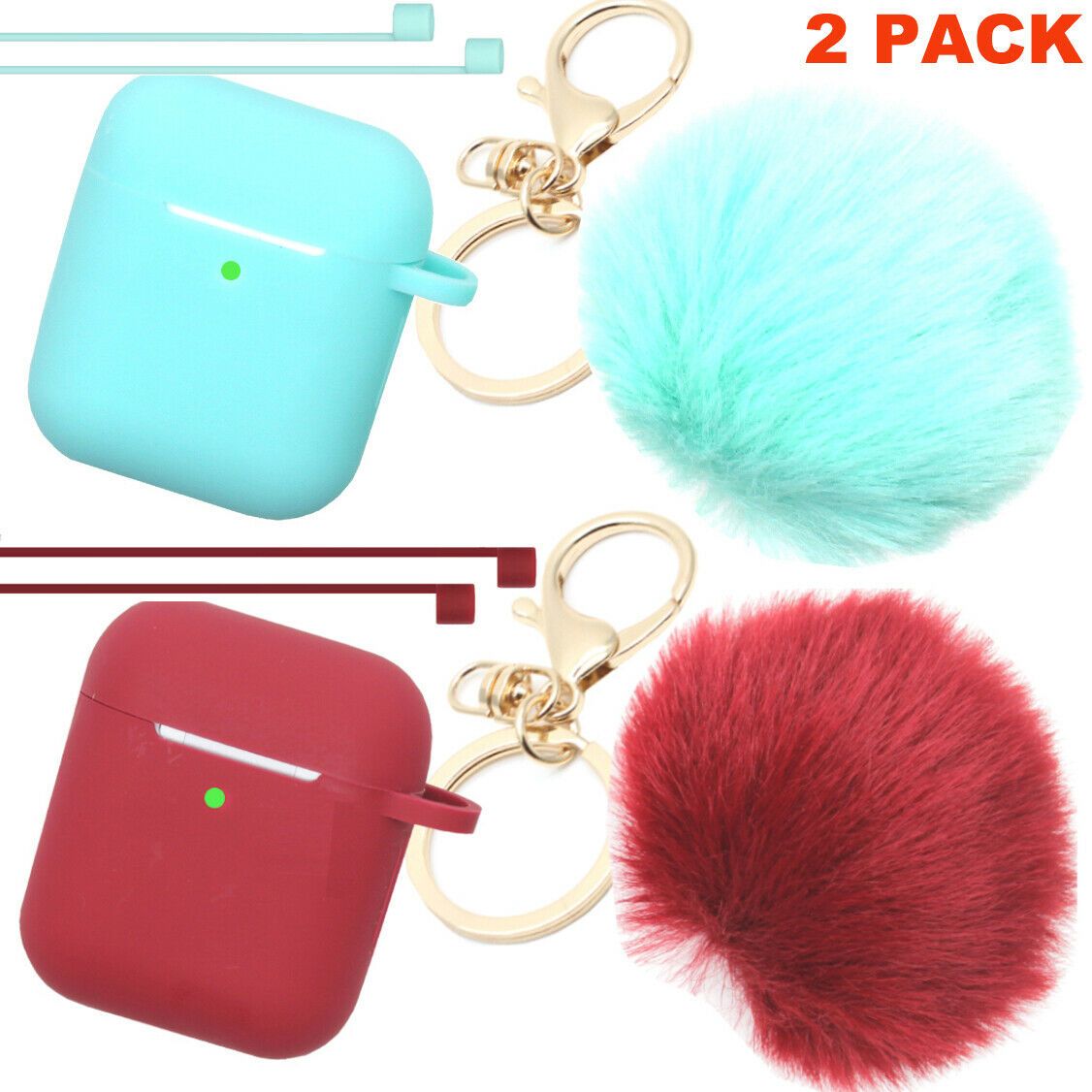 Cute Airpods Silicone Case Cover w/Fur Ball Keychain Strap for Apple Airpods 1/2 ervin.accessories Burgundy+Mint(2 Pack) 