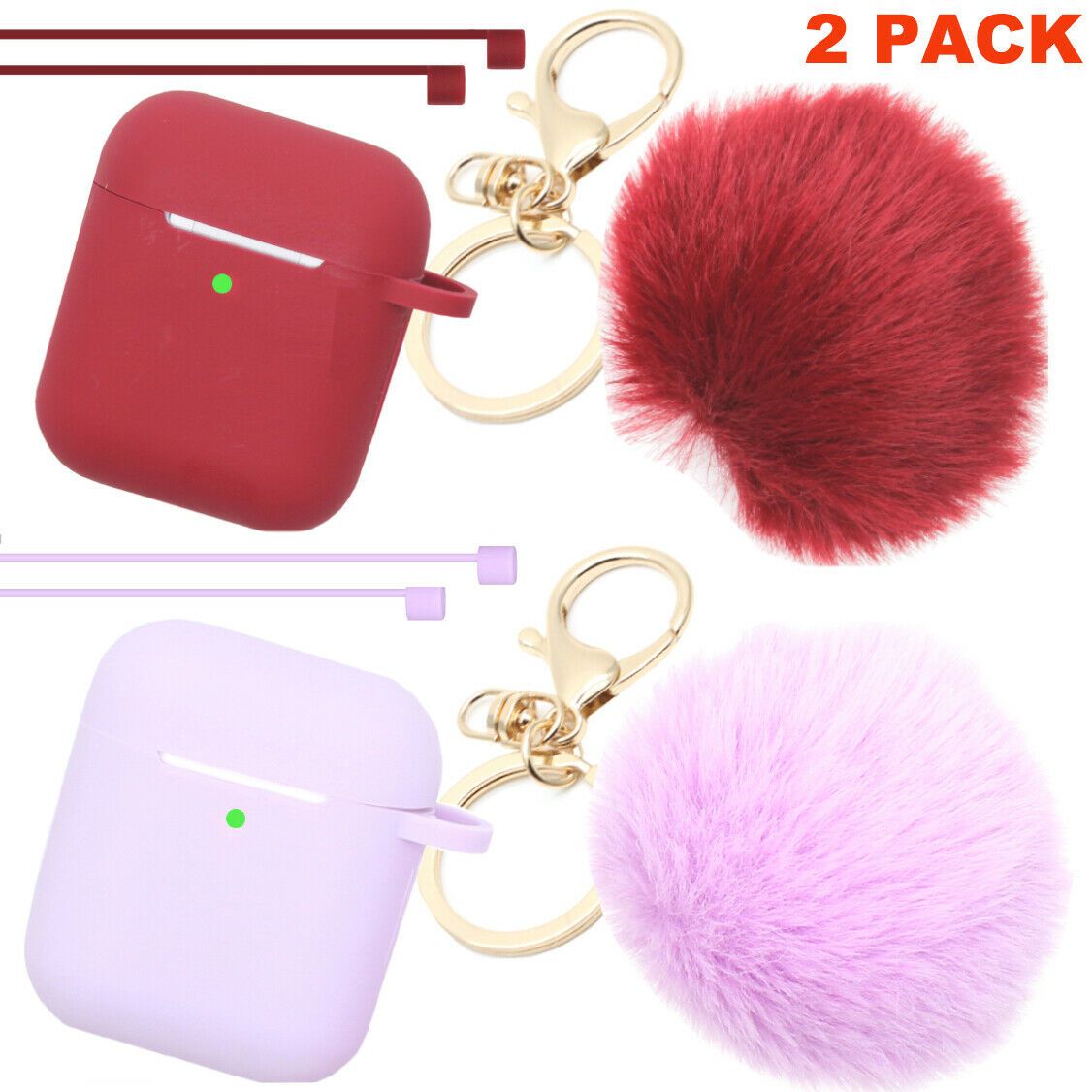 Cute Airpods Silicone Case Cover w/Fur Ball Keychain Strap for Apple Airpods 1/2 ervin.accessories Burgundy+Purple(2 Pack) 
