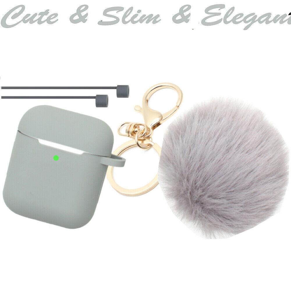 Cute Airpods Silicone Case Cover w/Fur Ball Keychain Strap for Apple Airpods 1/2 ervin.accessories Gray 