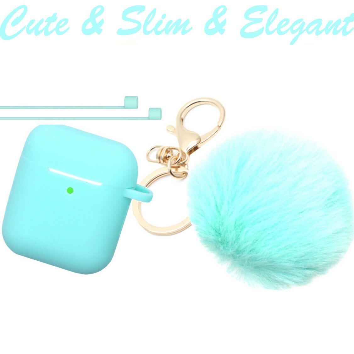 Cute Airpods Silicone Case Cover w/Fur Ball Keychain Strap for Apple Airpods 1/2 ervin.accessories Mint Green 