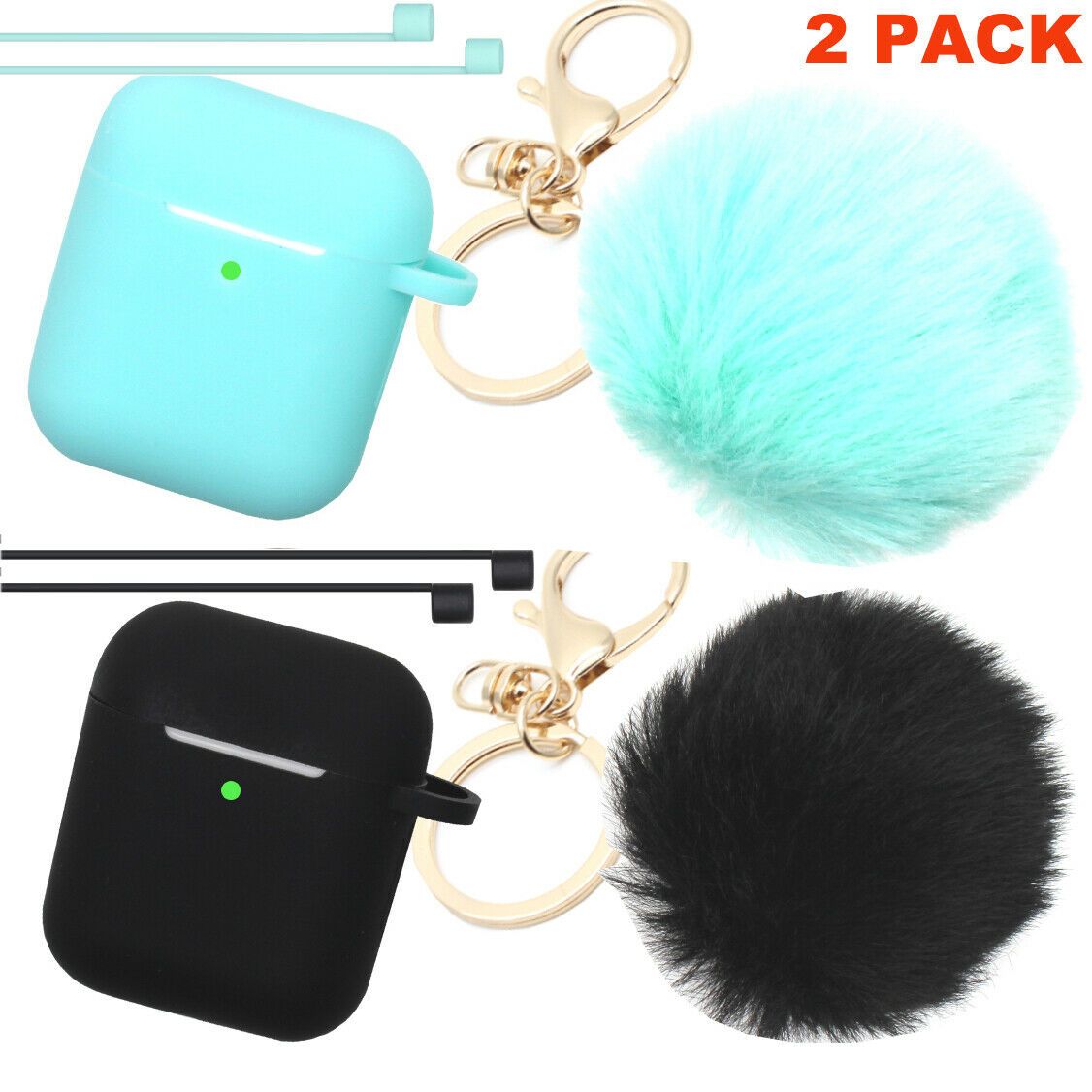 Cute Airpods Silicone Case Cover w/Fur Ball Keychain Strap for Apple Airpods 1/2 ervin.accessories Mint+Black(2 Pack) 