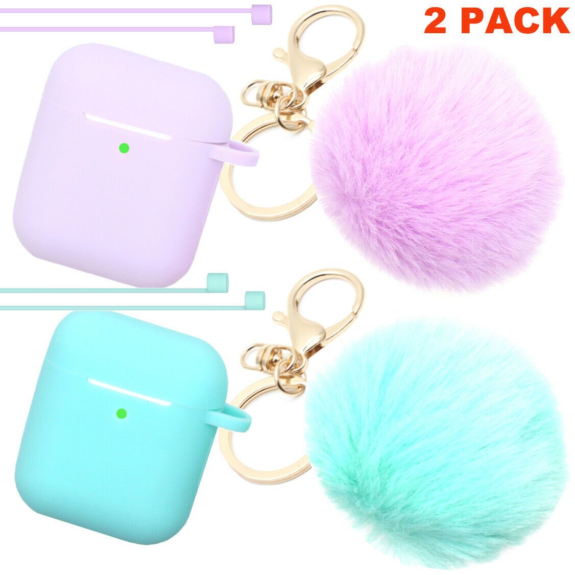 Cute Airpods Silicone Case Cover w/Fur Ball Keychain Strap for Apple Airpods 1/2 ervin.accessories Mint+Purple(2 Pack) 
