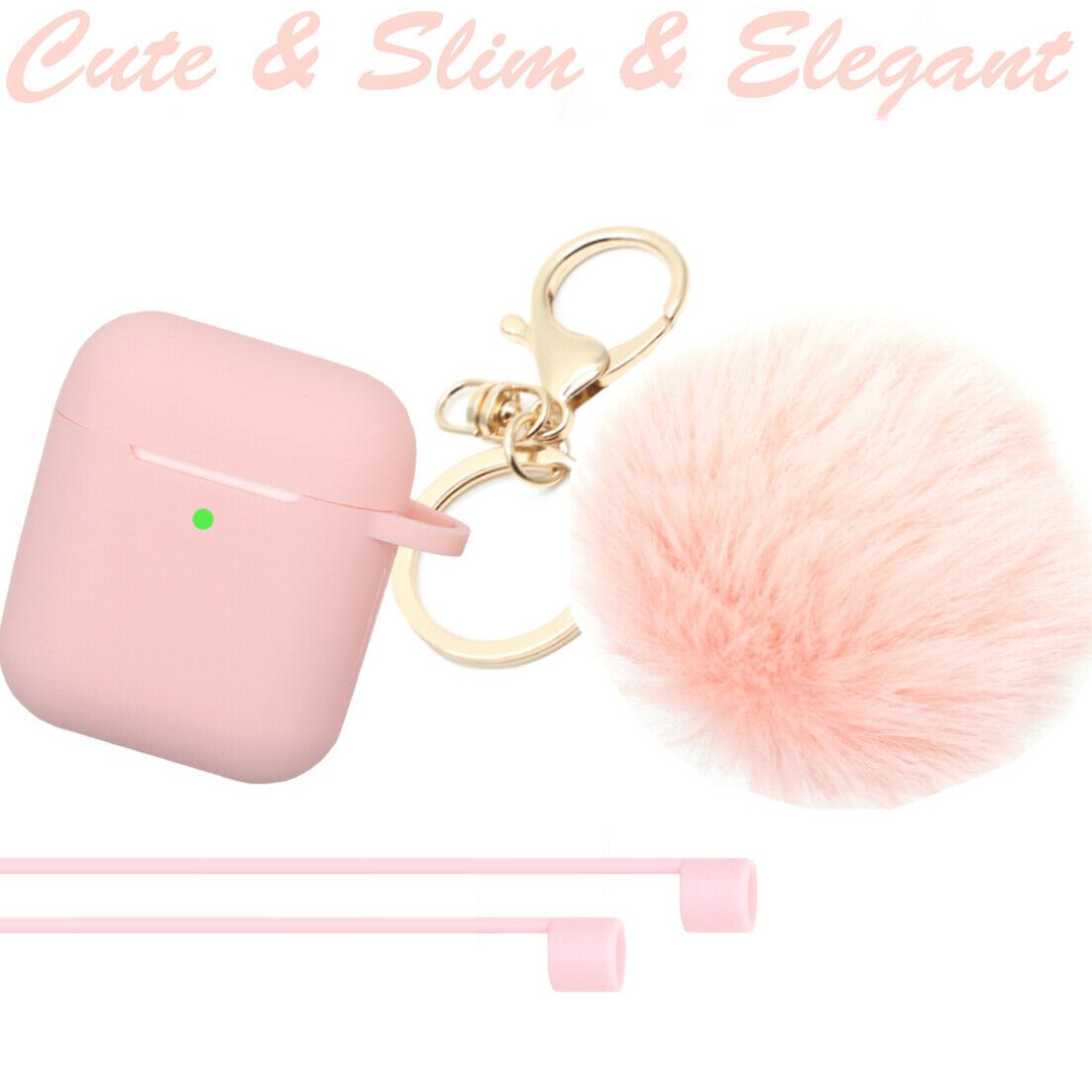 Cute Airpods Silicone Case Cover w/Fur Ball Keychain Strap for Apple Airpods 1/2 ervin.accessories Pink 