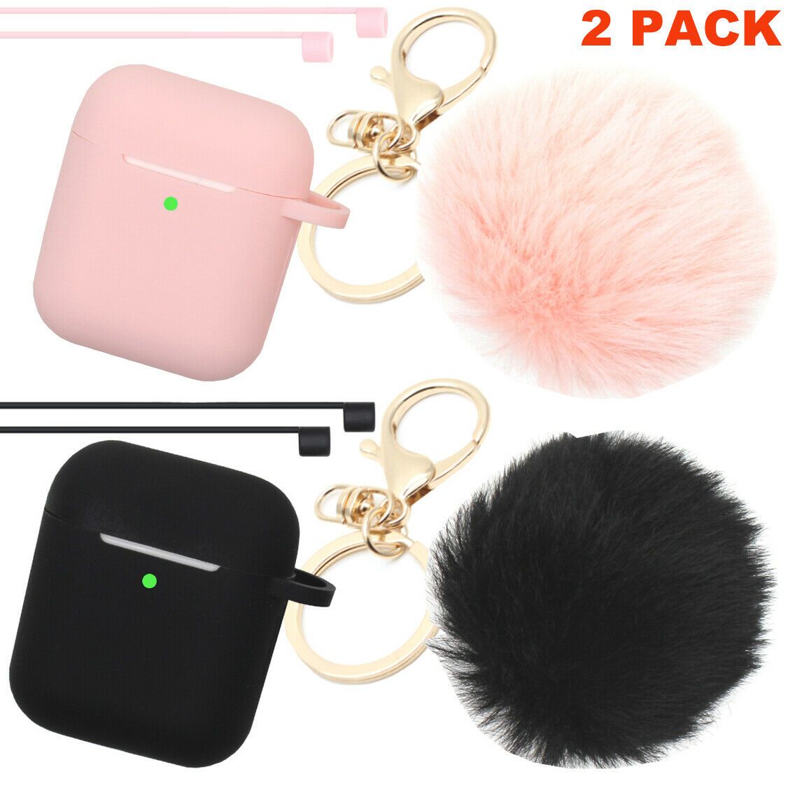 Cute Airpods Silicone Case Cover w/Fur Ball Keychain Strap for Apple Airpods 1/2 ervin.accessories Pink+Black (2 Pack) 