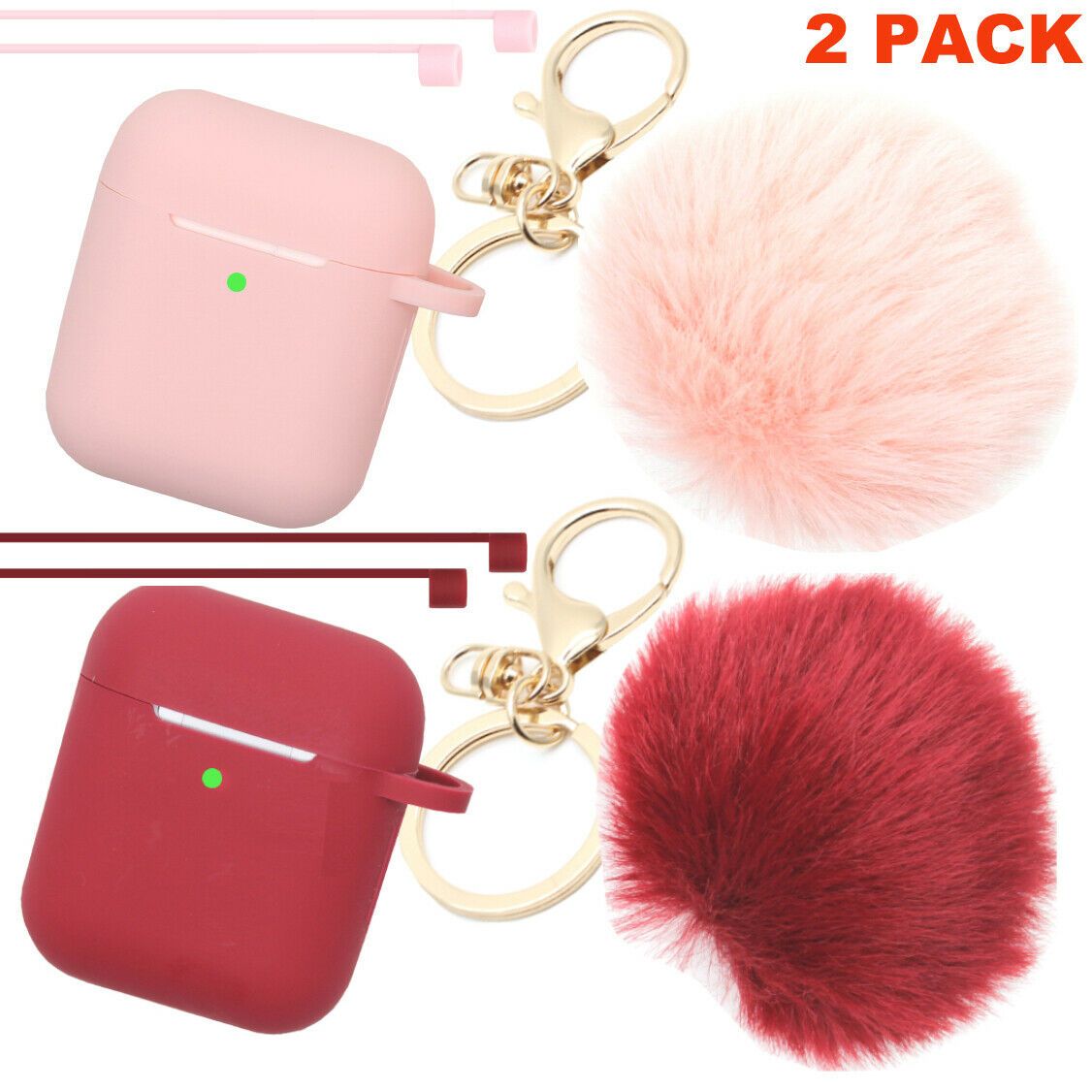 Cute Airpods Silicone Case Cover w/Fur Ball Keychain Strap for Apple Airpods 1/2 ervin.accessories Pink+Burgundy (2 Pack) 