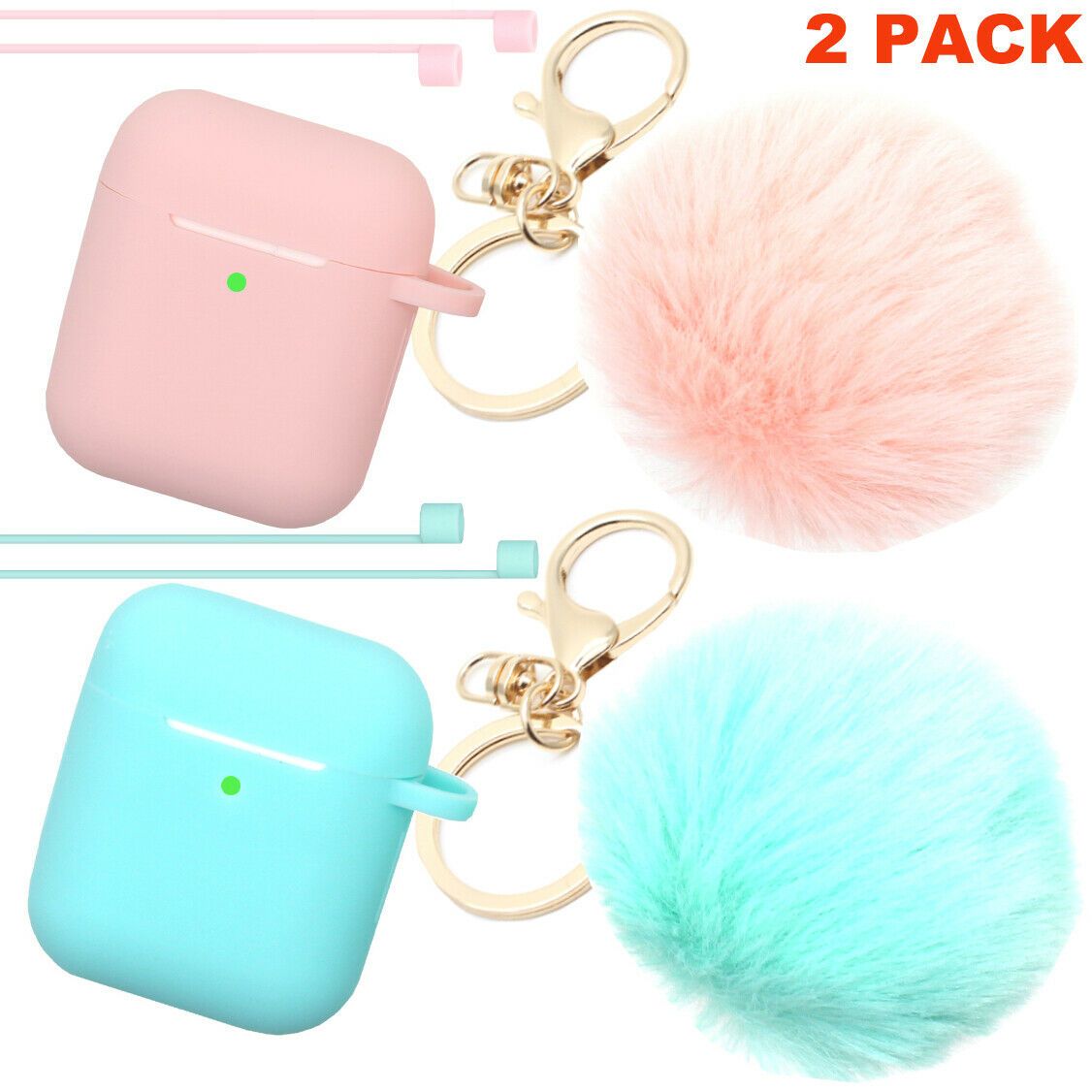 Cute Airpods Silicone Case Cover w/Fur Ball Keychain Strap for Apple Airpods 1/2 ervin.accessories Pink+Mint (2 Pack) 