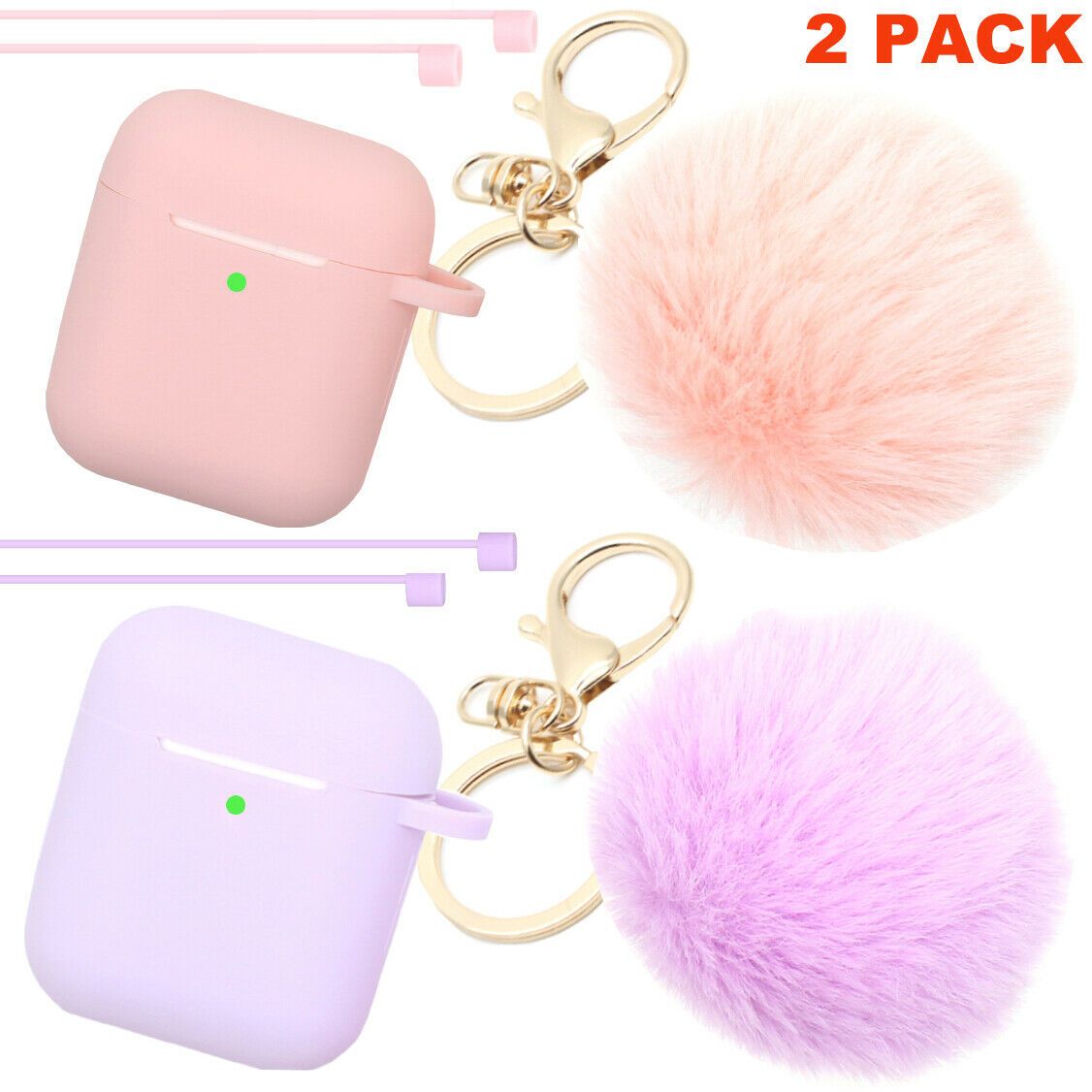 Cute Airpods Silicone Case Cover w/Fur Ball Keychain Strap for Apple Airpods 1/2 ervin.accessories Pink+Purple (2 Pack) 
