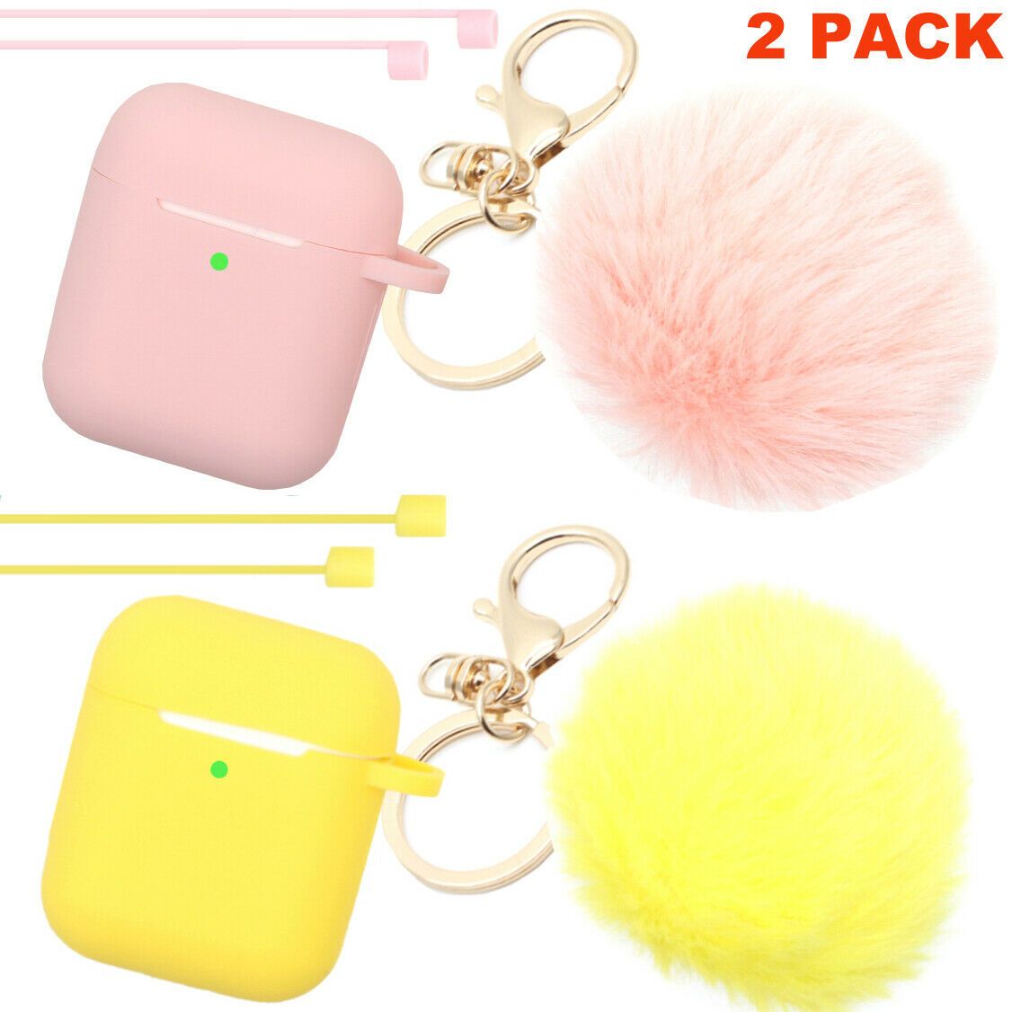 Cute Airpods Silicone Case Cover w/Fur Ball Keychain Strap for Apple Airpods 1/2 ervin.accessories Pink+Yellow (2 Pack) 