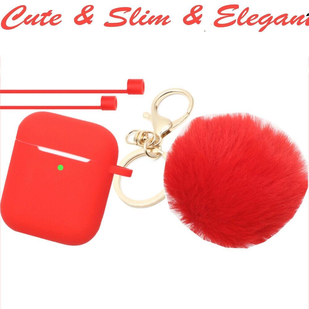 Cute Airpods Silicone Case Cover w/Fur Ball Keychain Strap for Apple Airpods 1/2 ervin.accessories Red 