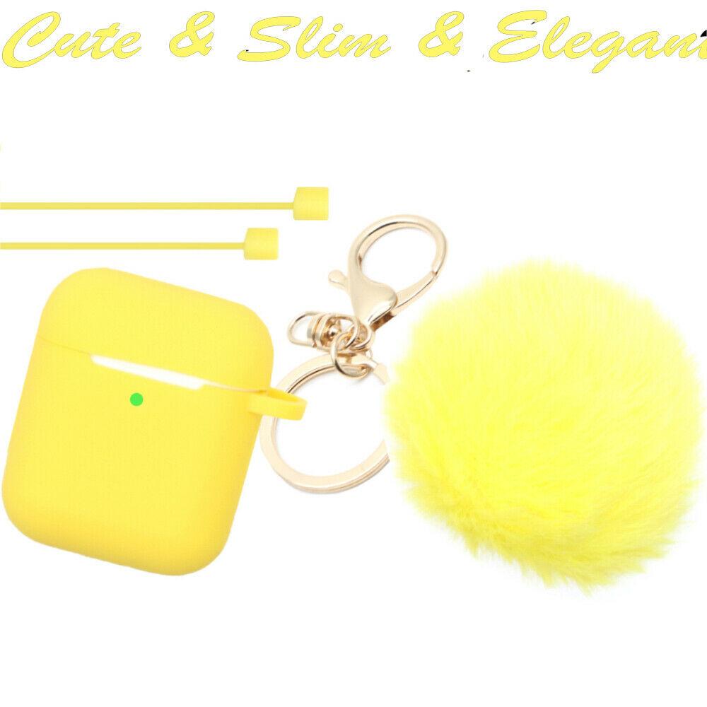 Cute Airpods Silicone Case Cover w/Fur Ball Keychain Strap for Apple Airpods 1/2 ervin.accessories Yellow 