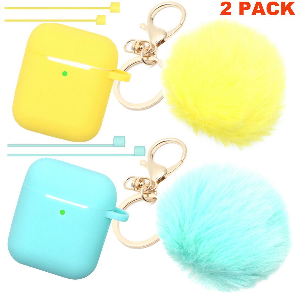 Cute Airpods Silicone Case Cover w/Fur Ball Keychain Strap for Apple Airpods 1/2 ervin.accessories Yellow+Mint (2 Pack) 