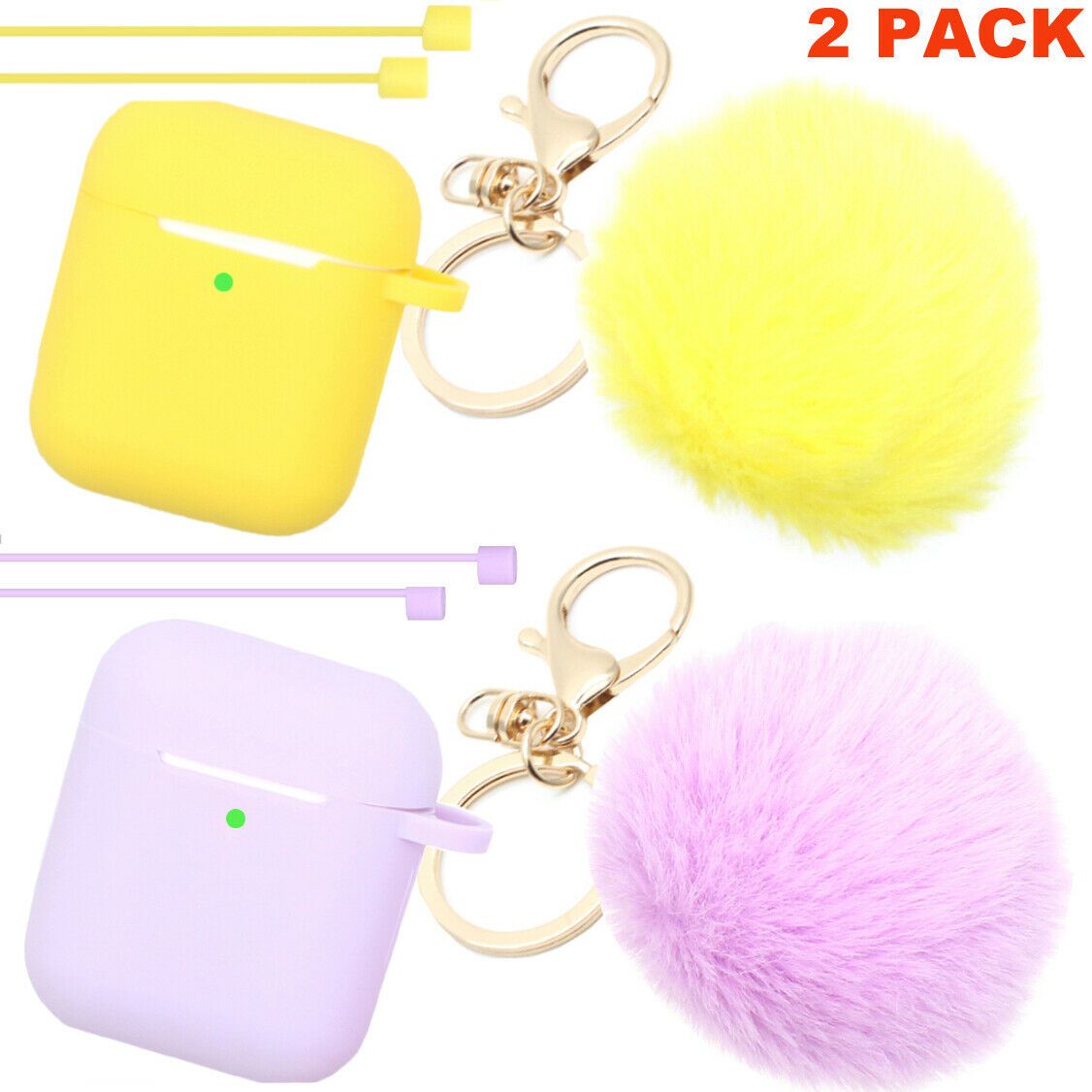 Cute Airpods Silicone Case Cover w/Fur Ball Keychain Strap for Apple Airpods 1/2 ervin.accessories Yellow+Purple (2 Pack) 