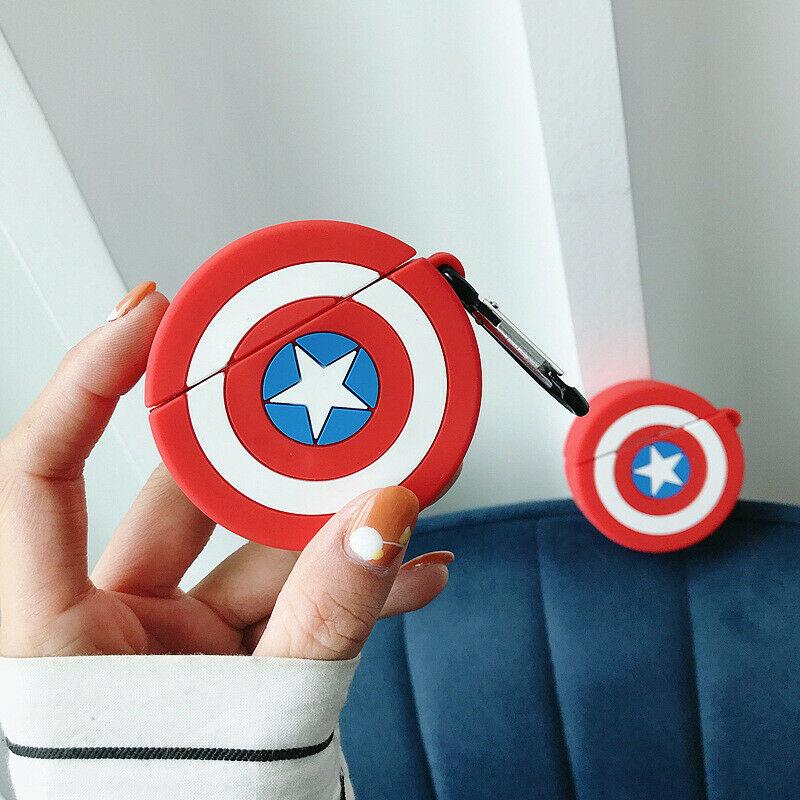 Cute Super Hero Cartoon Silicone Airpods Case Cover Skin For Apple Airpods 1/2 Airpods Case AtlasCase Captain America + Buckle 