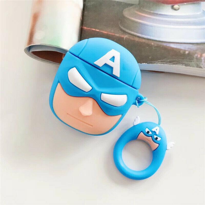 Cute Super Hero Cartoon Silicone Airpods Case Cover Skin For Apple Airpods 1/2 Airpods Case AtlasCase Captain America1 + Ring 