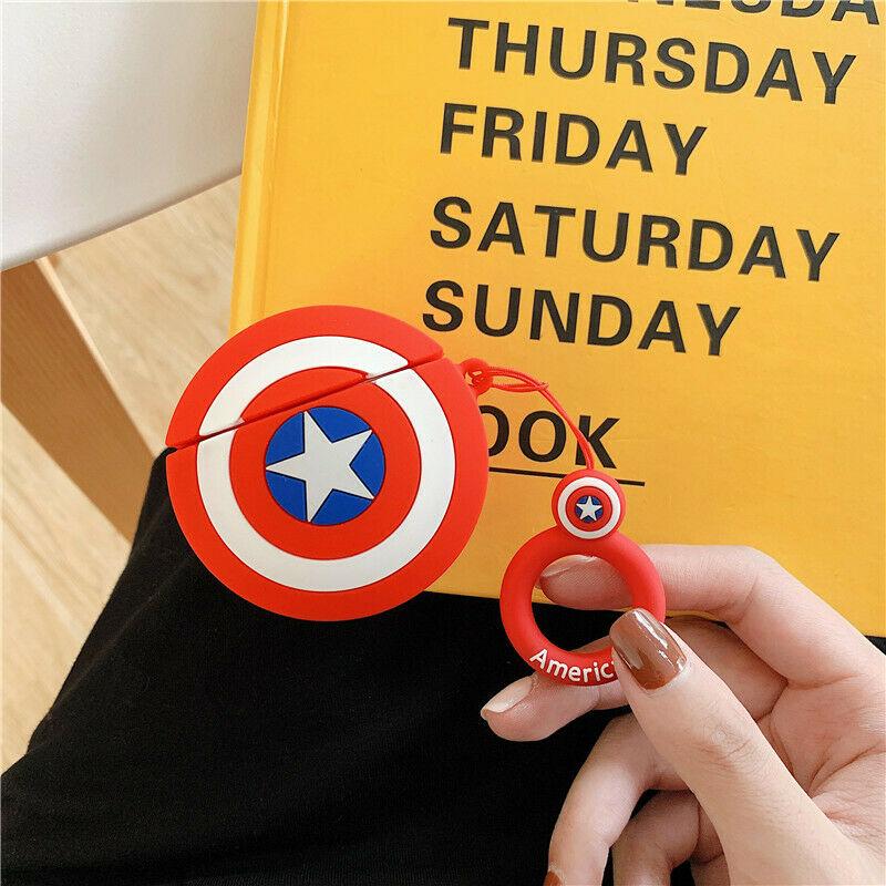 Cute Super Hero Cartoon Silicone Airpods Case Cover Skin For Apple Airpods 1/2 Airpods Case AtlasCase Captain America2 + Ring 