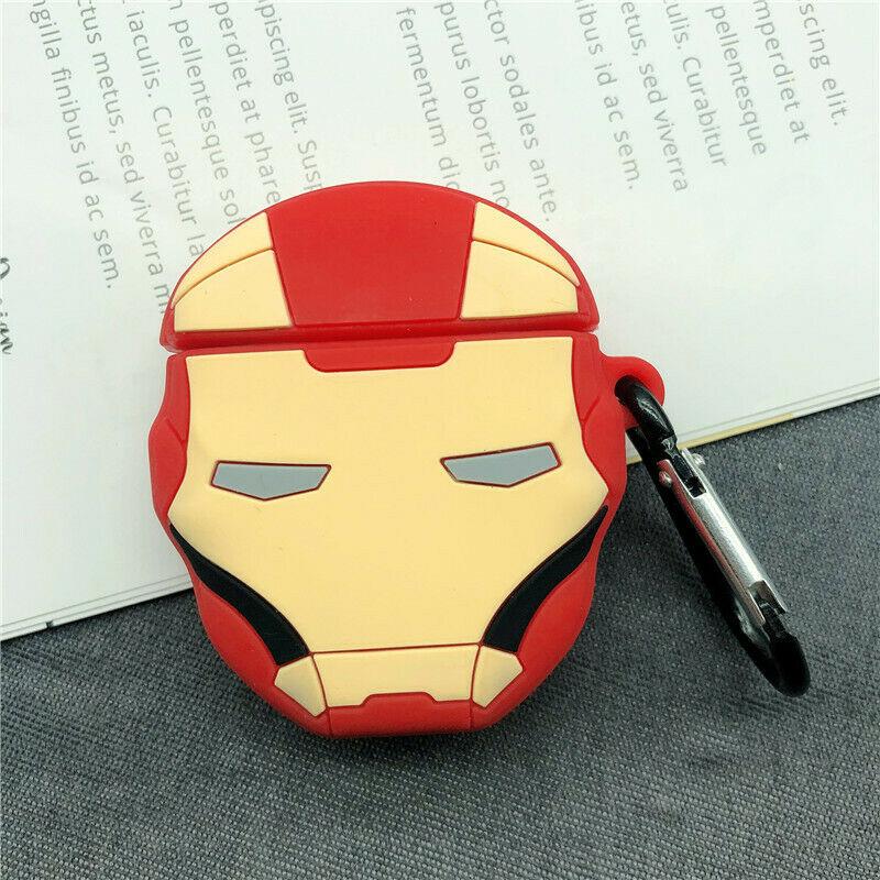 Cute Super Hero Cartoon Silicone Airpods Case Cover Skin For Apple Airpods 1/2 Airpods Case AtlasCase Iron Man + Buckle 