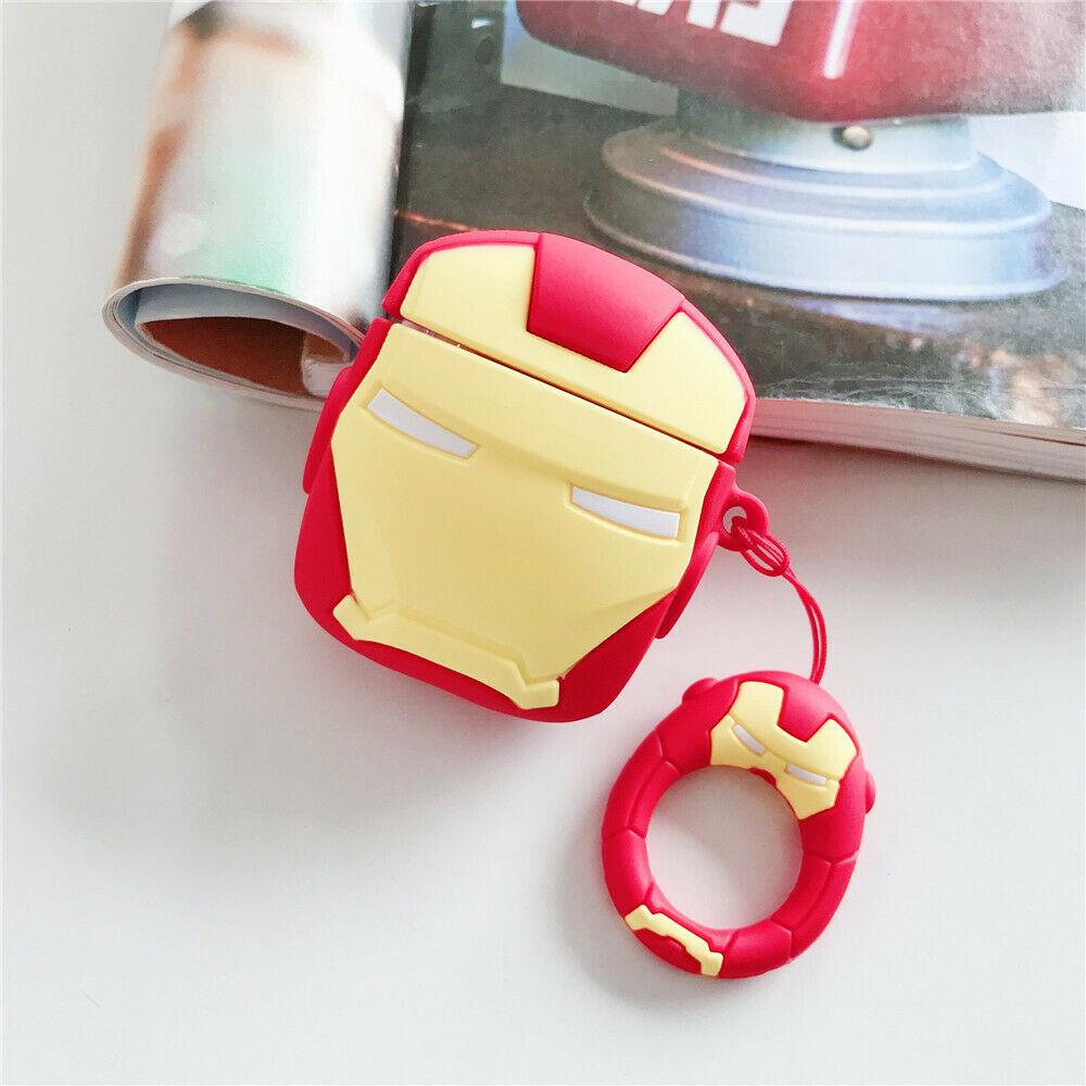 Cute Super Hero Cartoon Silicone Airpods Case Cover Skin For Apple Airpods 1/2 Airpods Case AtlasCase Iron Man + Ring 