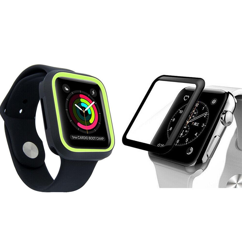 For Apple Watch Series 4 5 TPU Bumper Case+iWatch Screen Protector Cover 40/44mm dooqiwireless For iWatch Series 5 40mm Black and Green Case + Tempered Glass