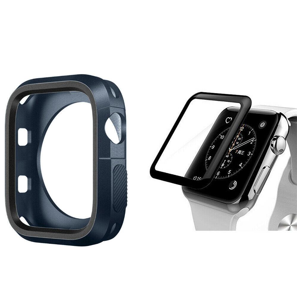 For Apple Watch Series 4 5 TPU Bumper Case+iWatch Screen Protector Cover 40/44mm dooqiwireless For iWatch Series 5 40mm Blue and Black Case + Tempered Glass
