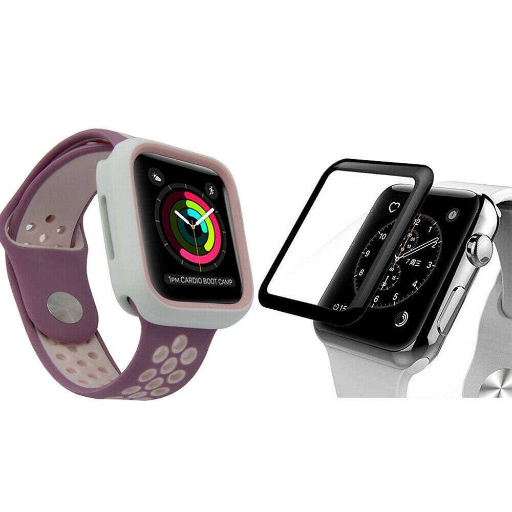 For Apple Watch Series 4 5 TPU Bumper Case+iWatch Screen Protector Cover 40/44mm dooqiwireless For iWatch Series 5 40mm White and Pink Case + Tempered Glass