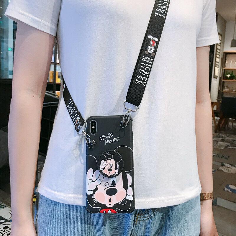 For iPhone 11 Pro Max XS 7 8+ Cute Minnie Mickey Strap Case Cover & Stand Holder new_case_covernew_case_cover Mickey + Holder + Necklace For iPhone 6 6S 4.7" 