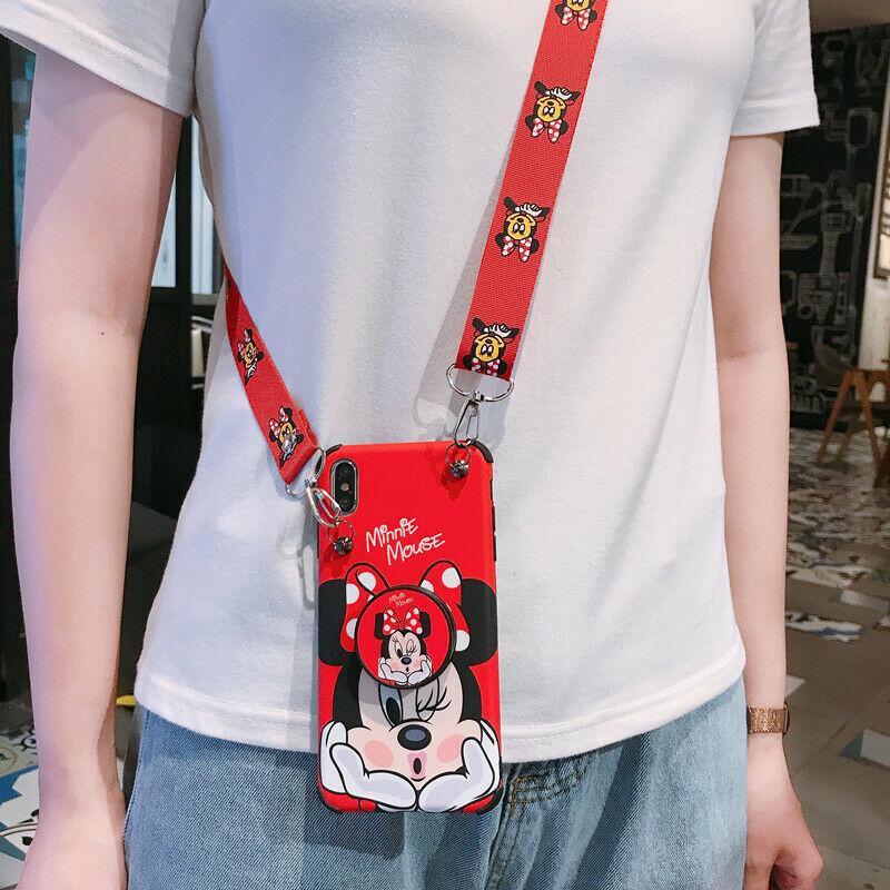 For iPhone 11 Pro Max XS 7 8+ Cute Minnie Mickey Strap Case Cover & Stand Holder new_case_covernew_case_cover Minnie + Holder + Necklace For iPhone 6 6S 4.7" 