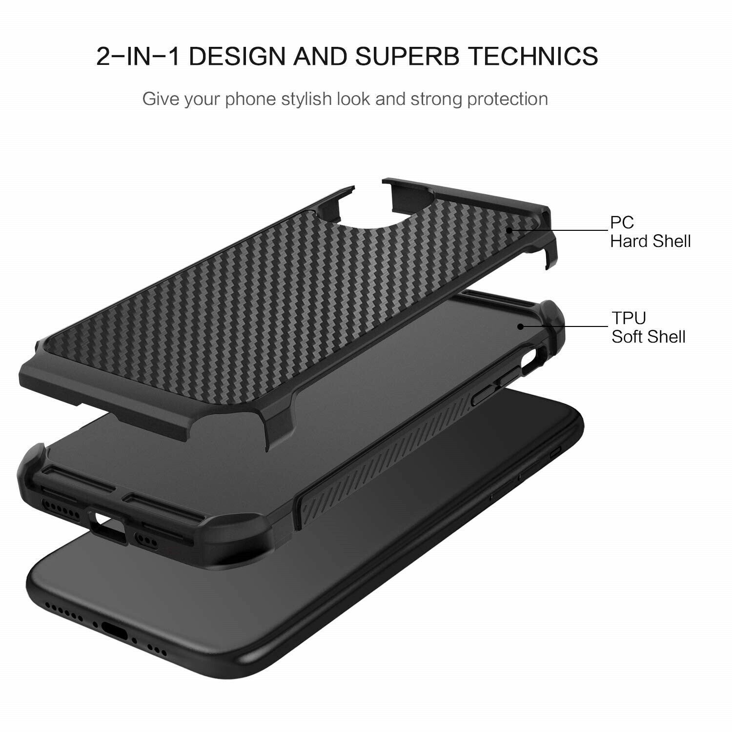 For iPhone 11/Pro/Max/XS Max/XR/X/8/7/Plus Carbon Fiber Hard Case+Tempered Glass dz-techdz-tech 