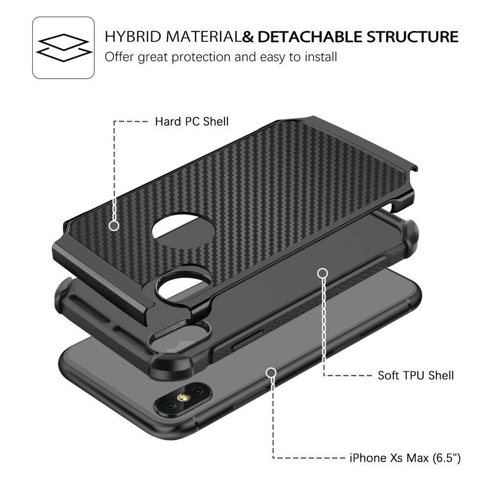 For iPhone 11/Pro/Max/XS Max/XR/X/8/7/Plus Carbon Fiber Hard Case+Tempered Glass dz-techdz-tech 
