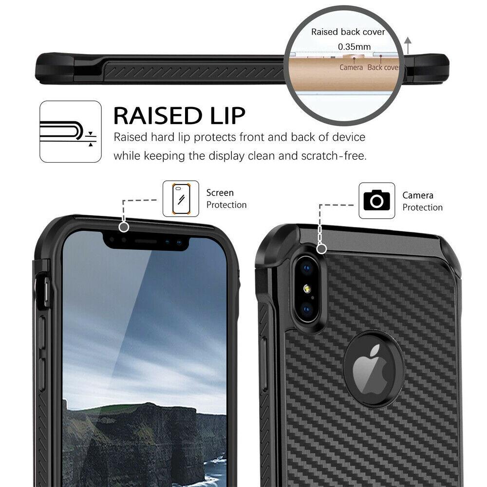 For iPhone 11/Pro/Max/XS Max/XR/X/8/7/Plus Carbon Fiber Hard Case+Tempered Glass dz-techdz-tech 