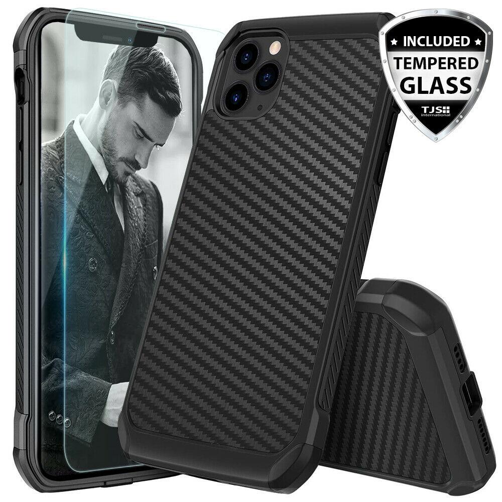 For iPhone 11/Pro/Max/XS Max/XR/X/8/7/Plus Carbon Fiber Hard Case+Tempered Glass dz-techdz-tech 