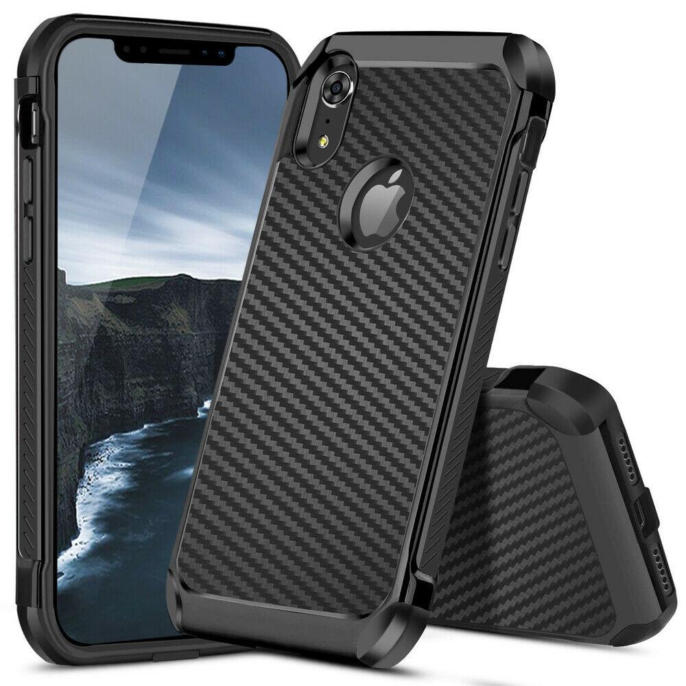 For iPhone 11/Pro/Max/XS Max/XR/X/8/7/Plus Carbon Fiber Hard Case+Tempered Glass dz-techdz-tech For Apple iPhone XR 
